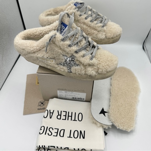 NWT Golden Goose Superstar Sabot Shearling Glitter Sneaker Mule Natural / Silver - Picture 16 of 16